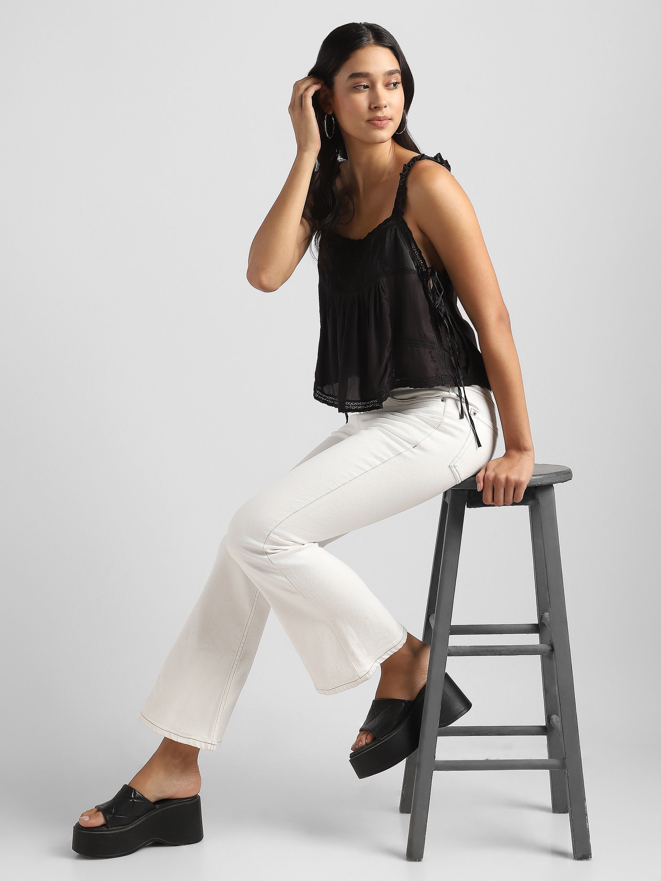 Women Black Satin Top with Lace Inserts