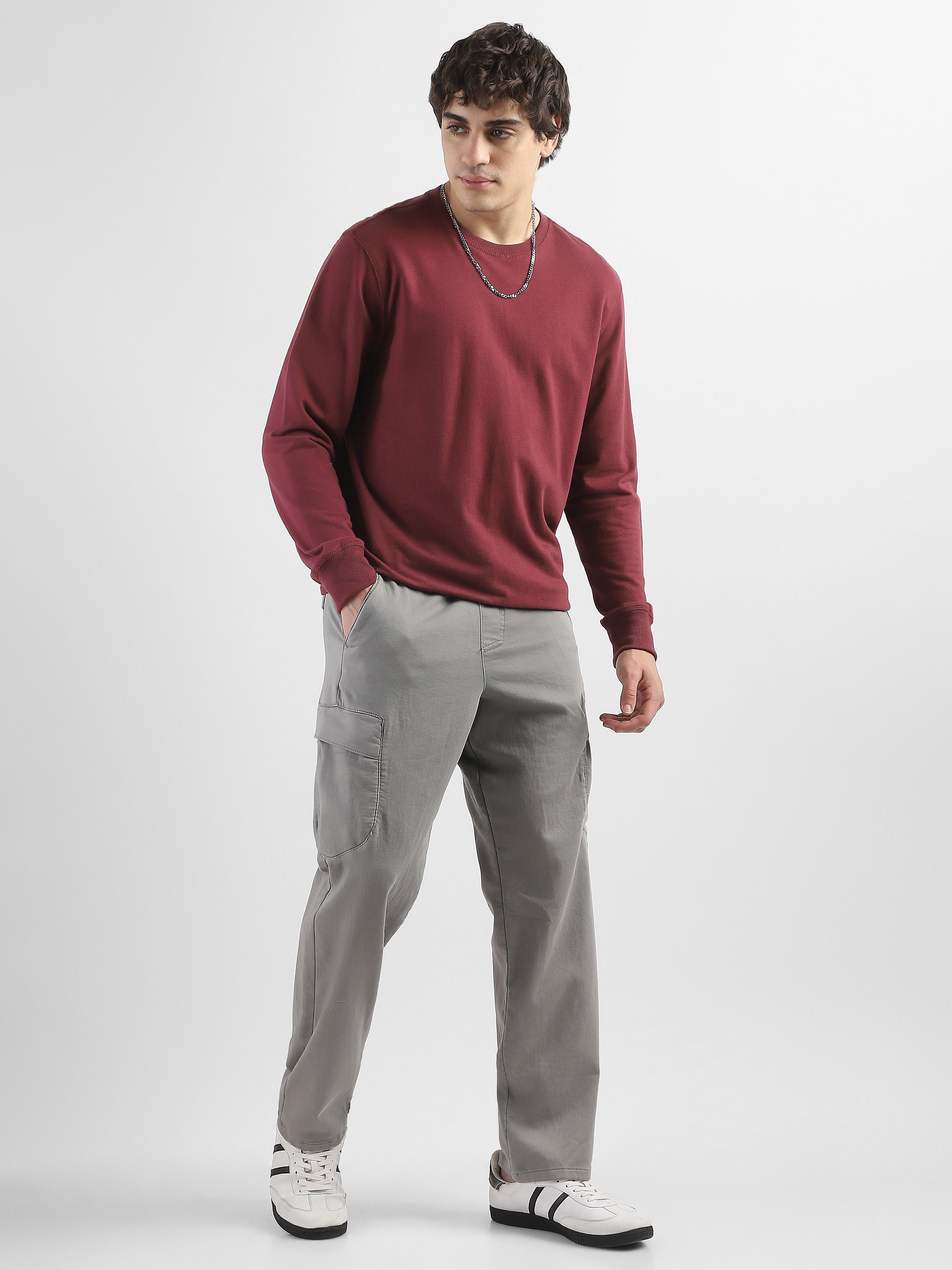 Men Grey Cotton Blend Cargo Pants with 6 Pockets