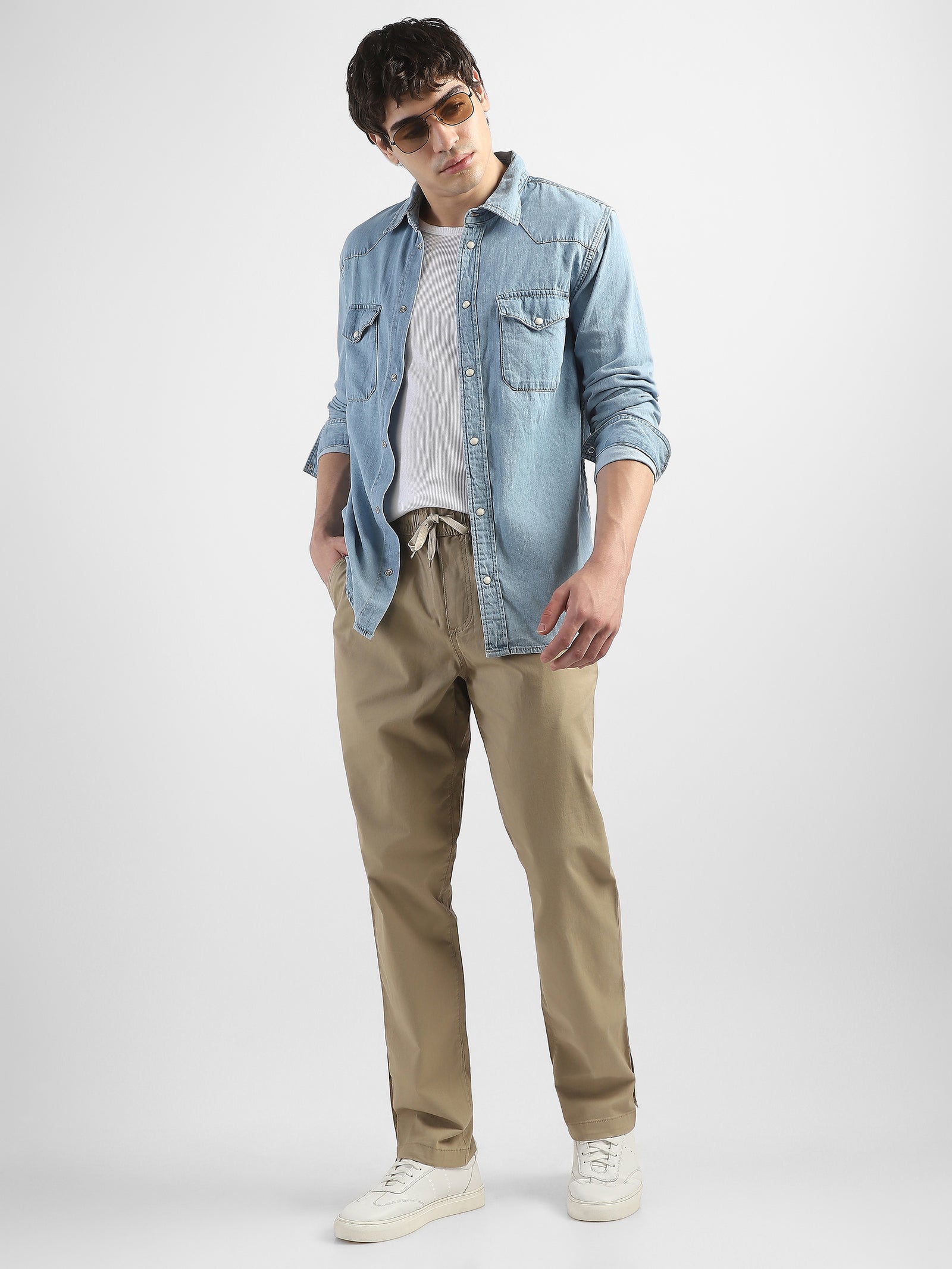 Men Beige Mid Rise Cotton Blend Pants
