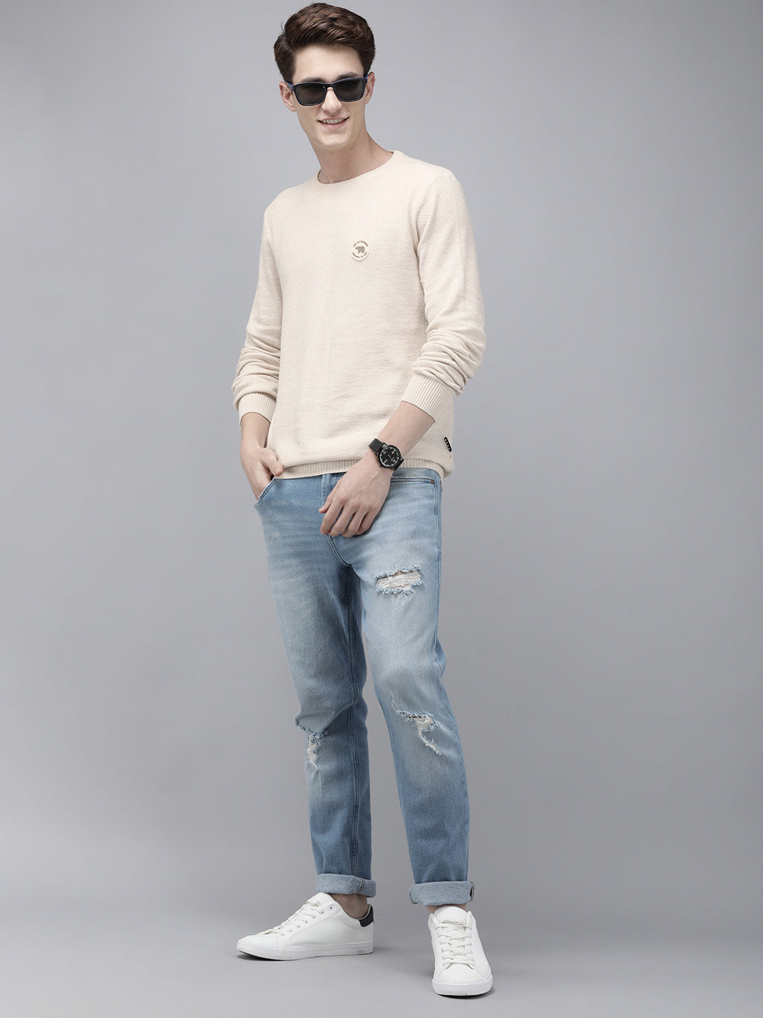 Men Ardor Edition Beige Self-Designed Slim Fit Knitted Pullover