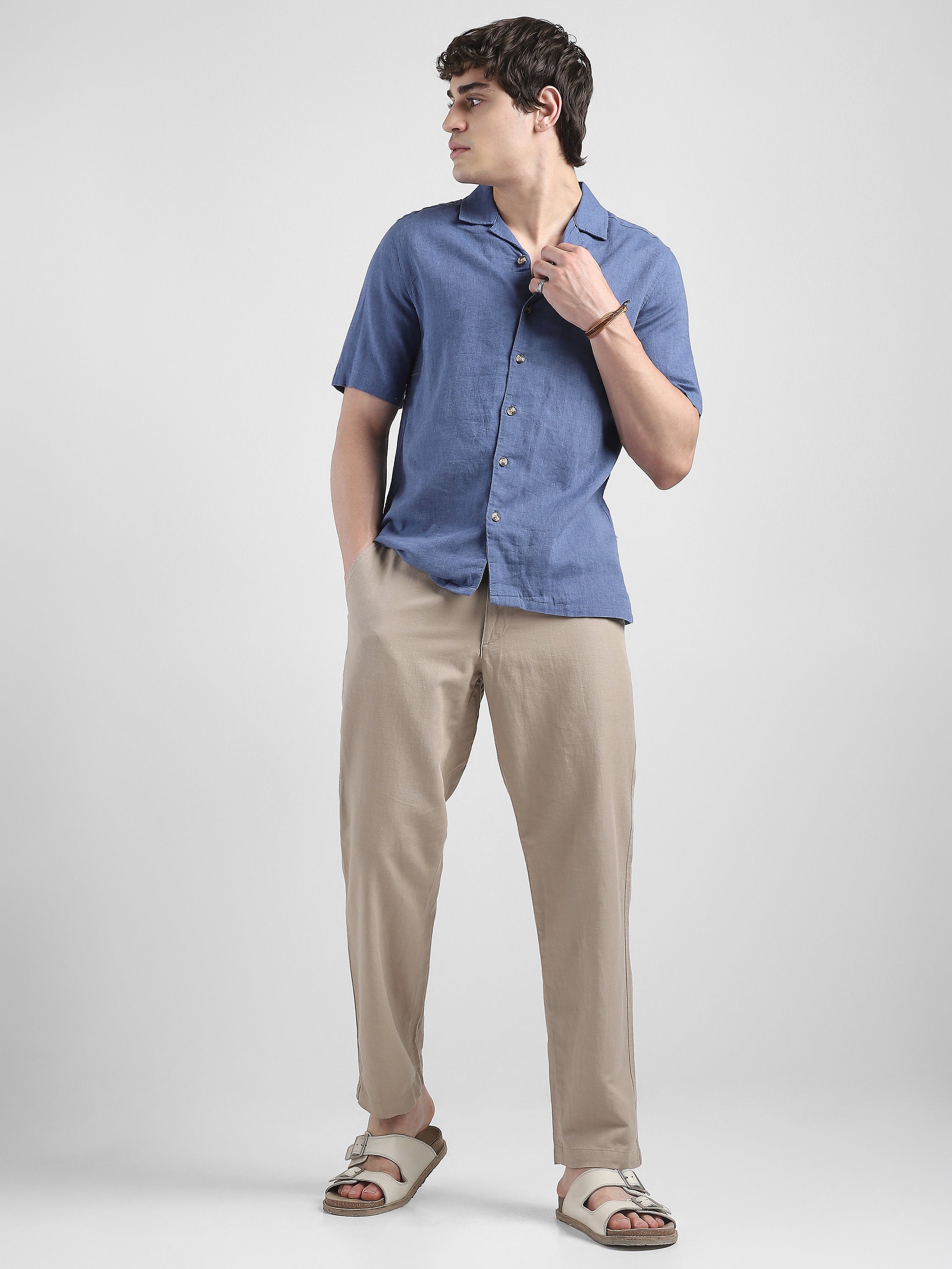 Men Blue Spread Collar Cotton Blend Shirt