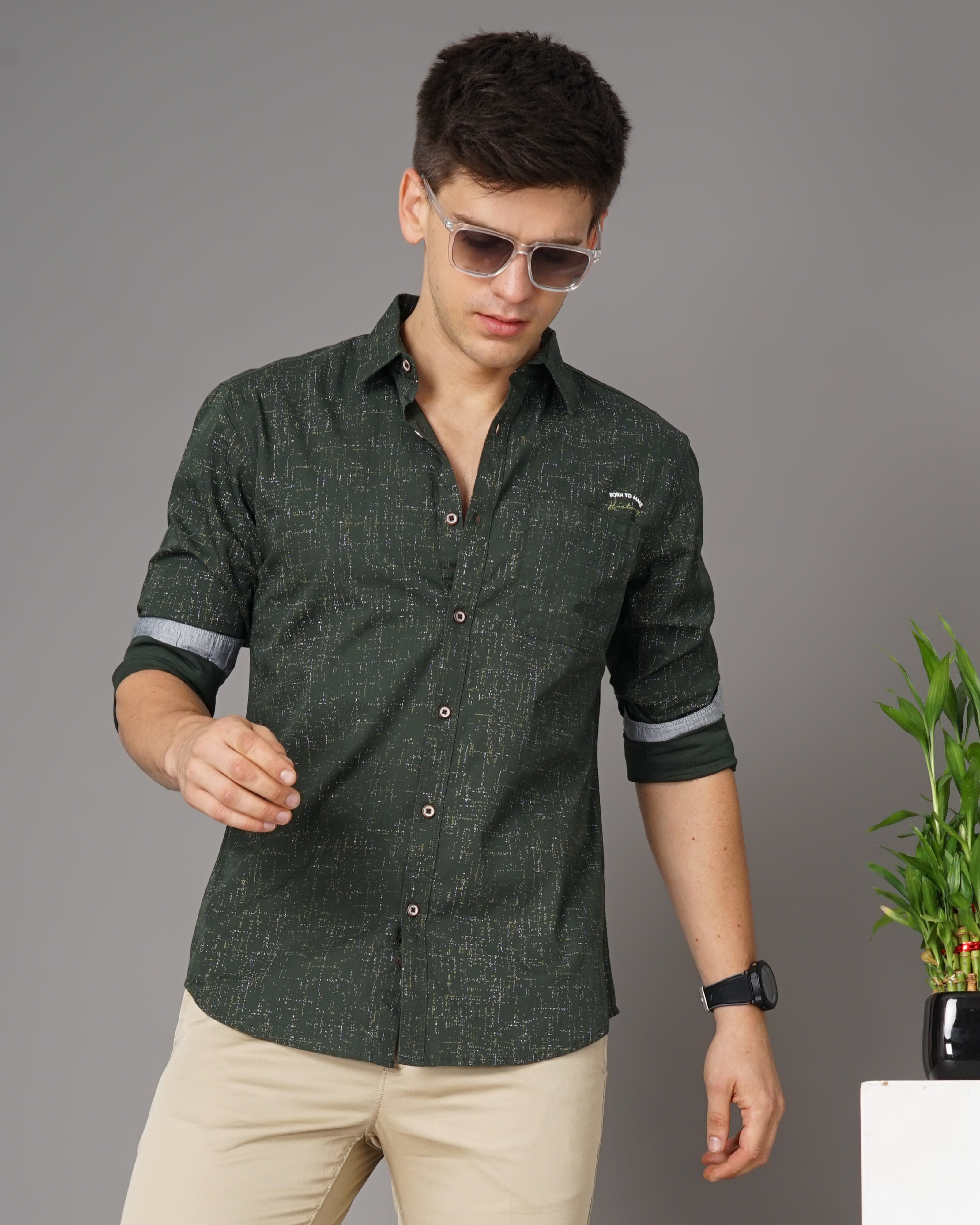 Men Olive Cotton Slim Shirt