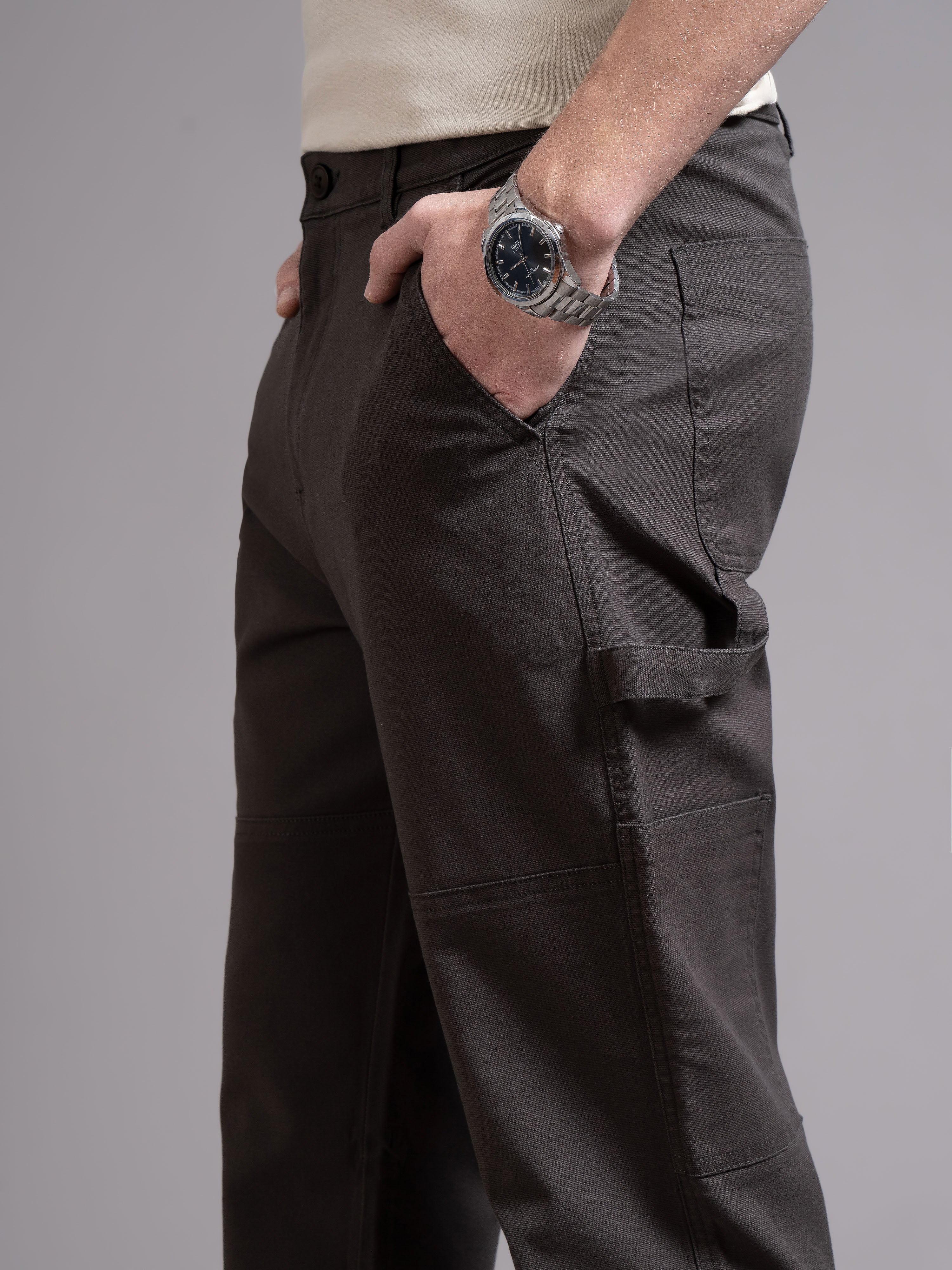 Men Charcoal Straight Fit Cargo Trouser