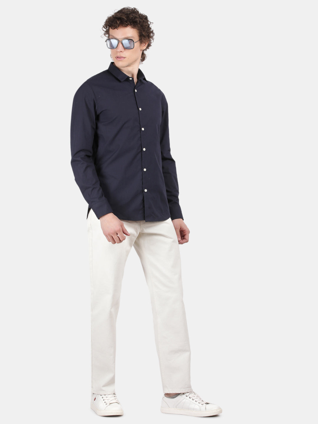 Men Navy Slim Fit Spread Collar Full Sleeve Casual Shirt