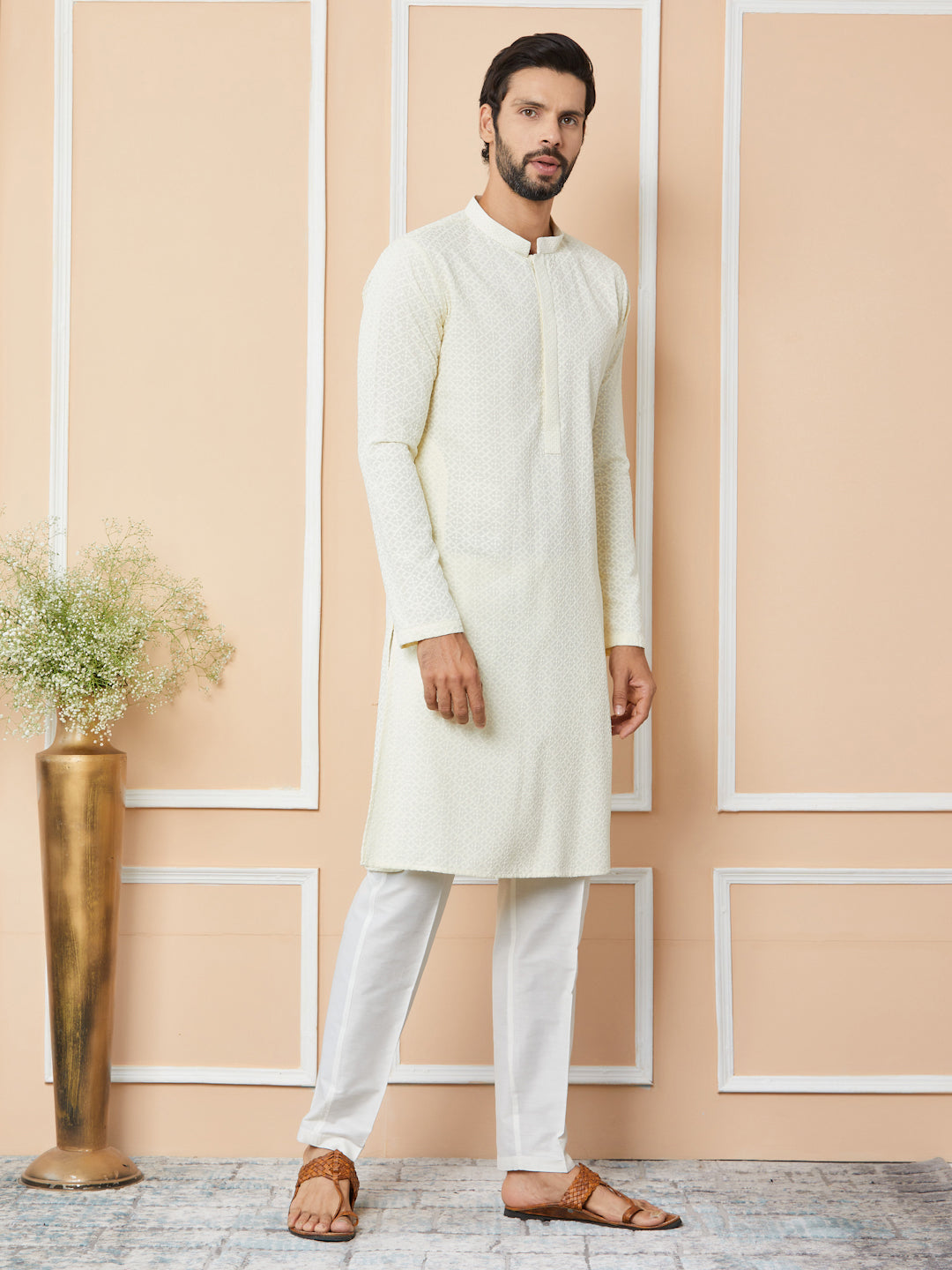 Men Cream Embroidered Chikankari Rayon Straight Kurta