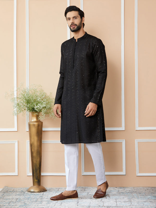 Men Black Embroidered Thread Work Sequinned Chanderi Silk Straight Kurta