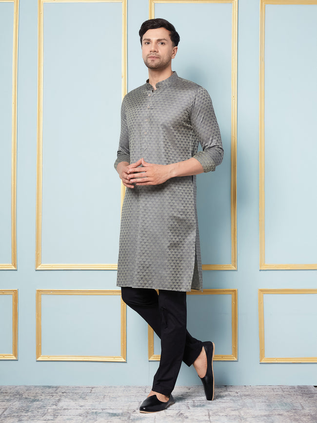 Men Charcoal Woven Design Thread Work Kurta