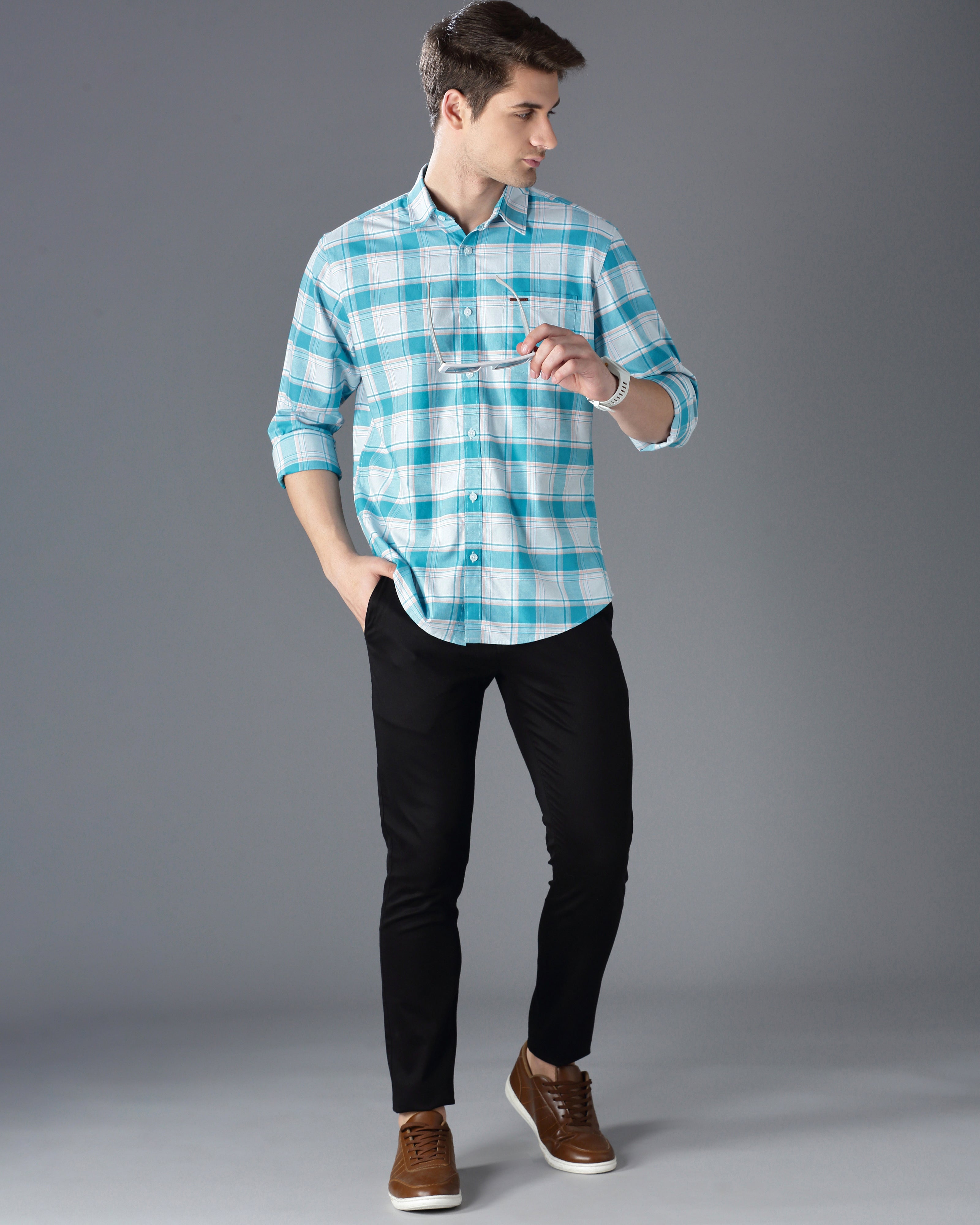 Men Blue Cotton Slim Shirt