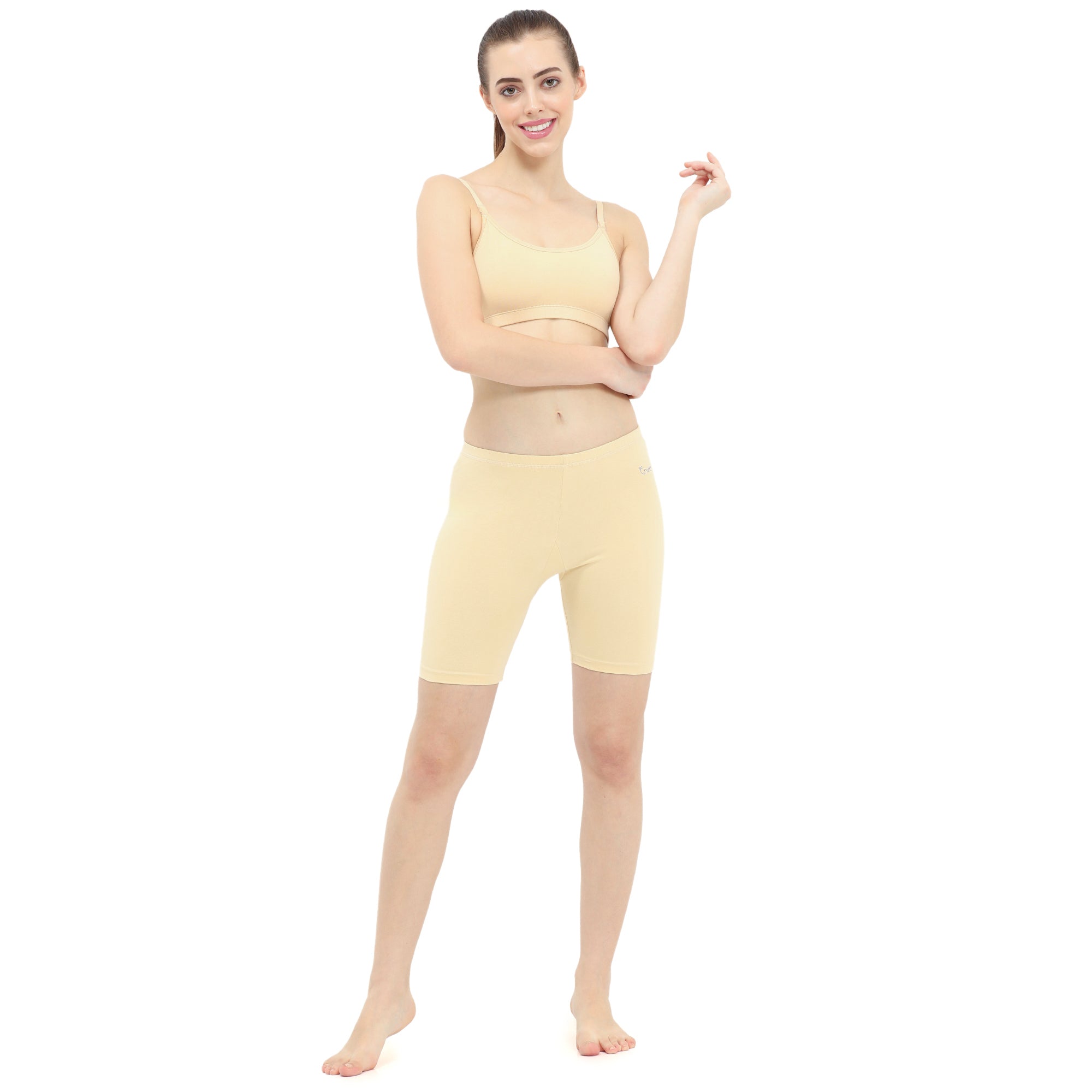 Women Beige Thigh Length Cycling Shorts