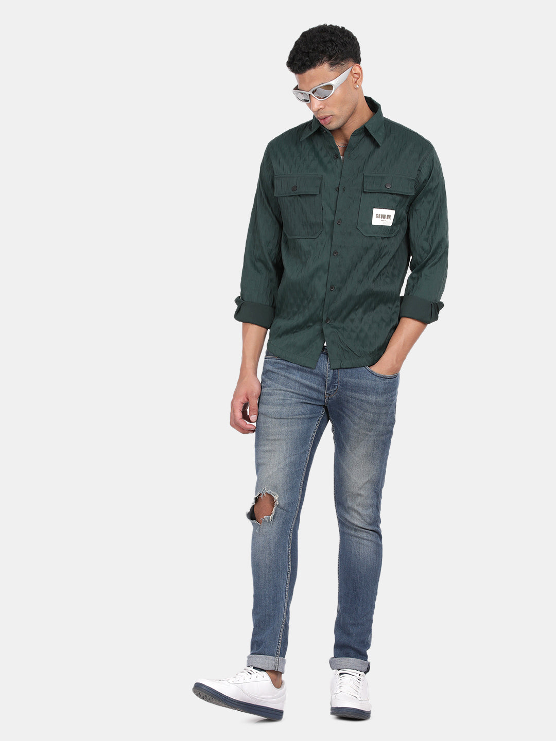 Men Dark Green Slim Fit Spread Collar Full Sleeve Casual Shirt