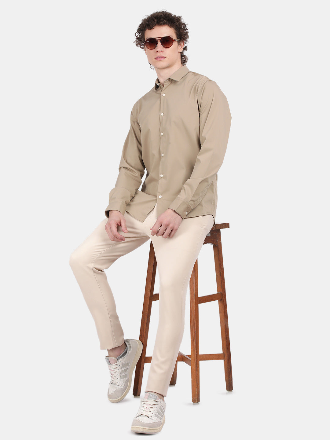 Men Khaki Slim Fit Spread Collar Full Sleeve Casual Shirt