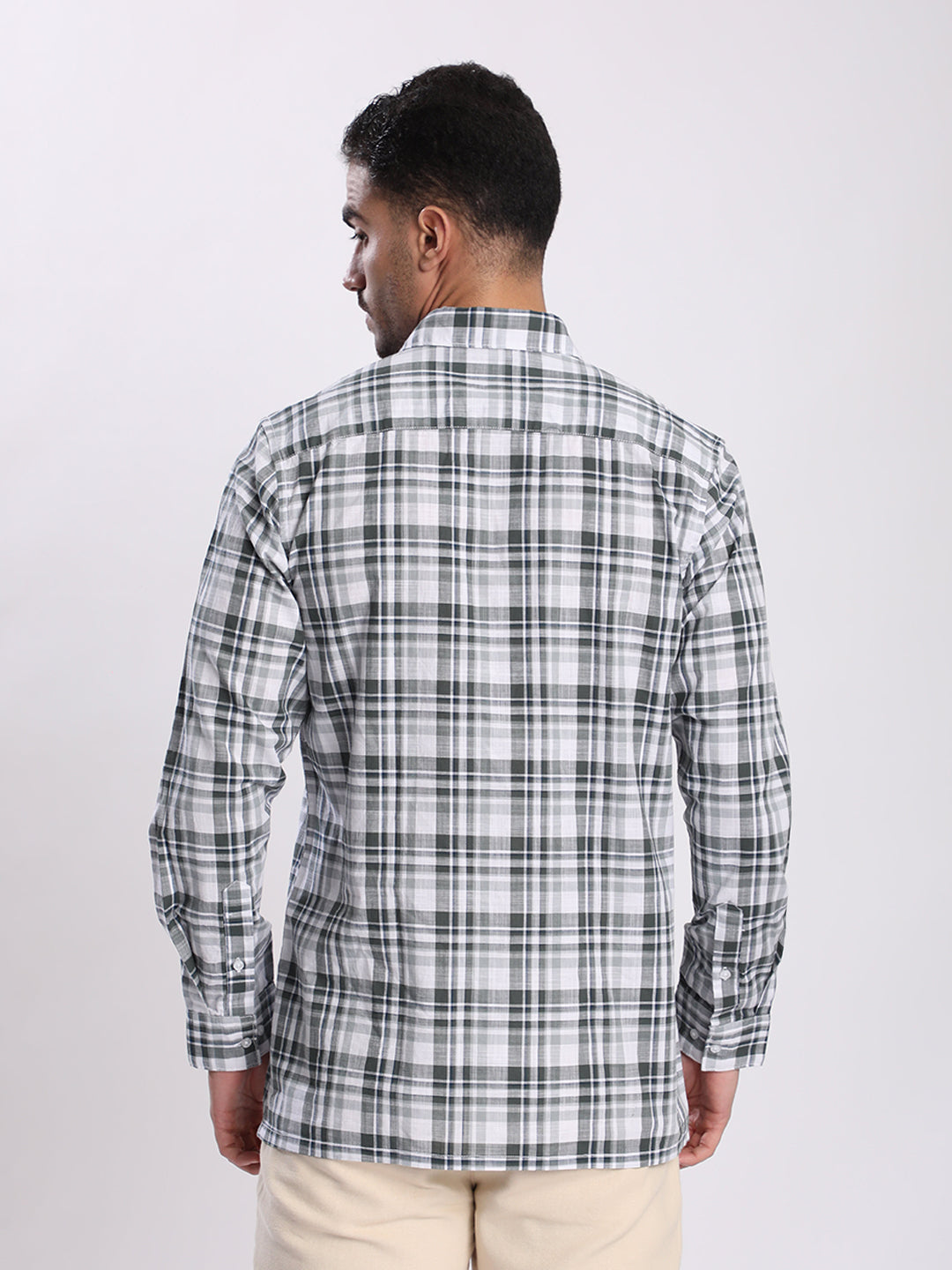 Men Green and White Checked Single Pocket Shirt