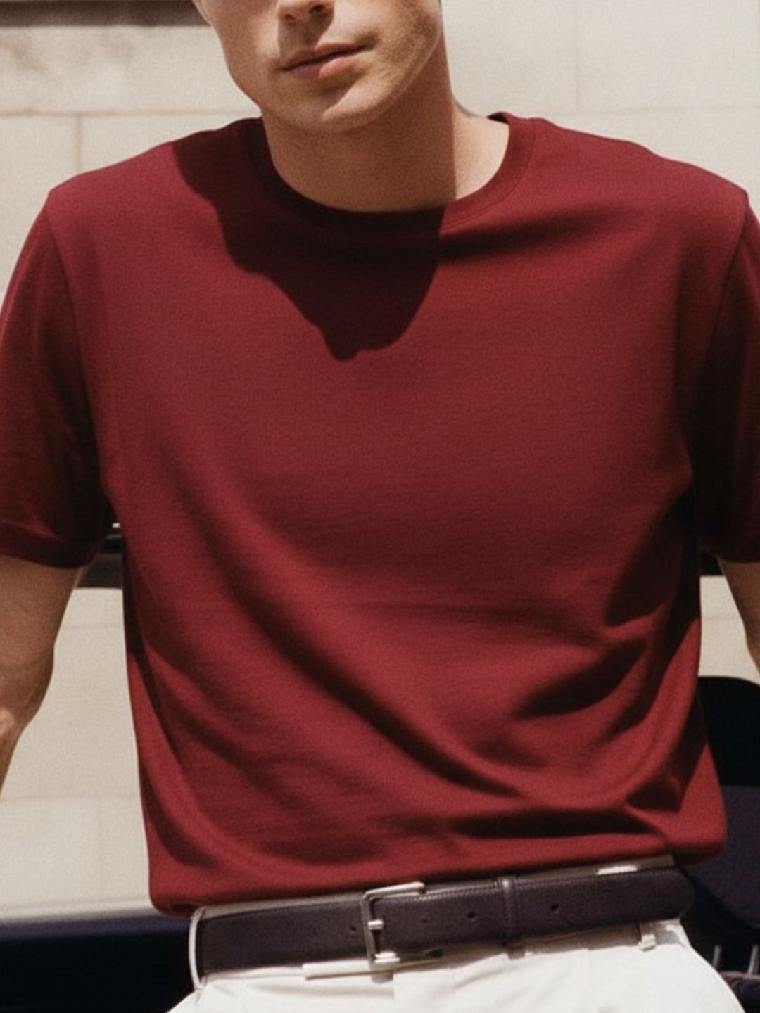 Men Maroon Solid Cotton T-shirt