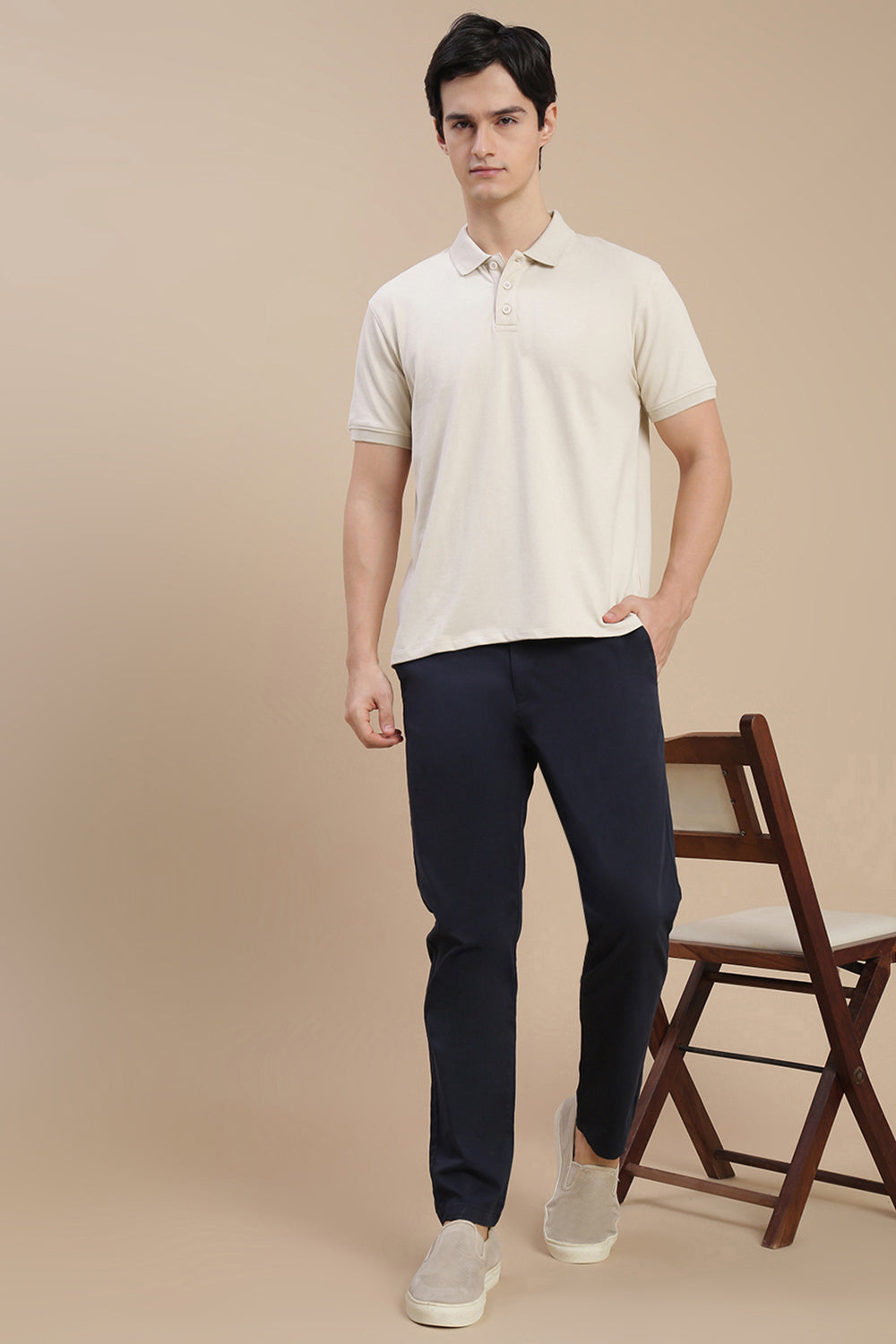 Men Beige Basic Solid Polo T-Shirt