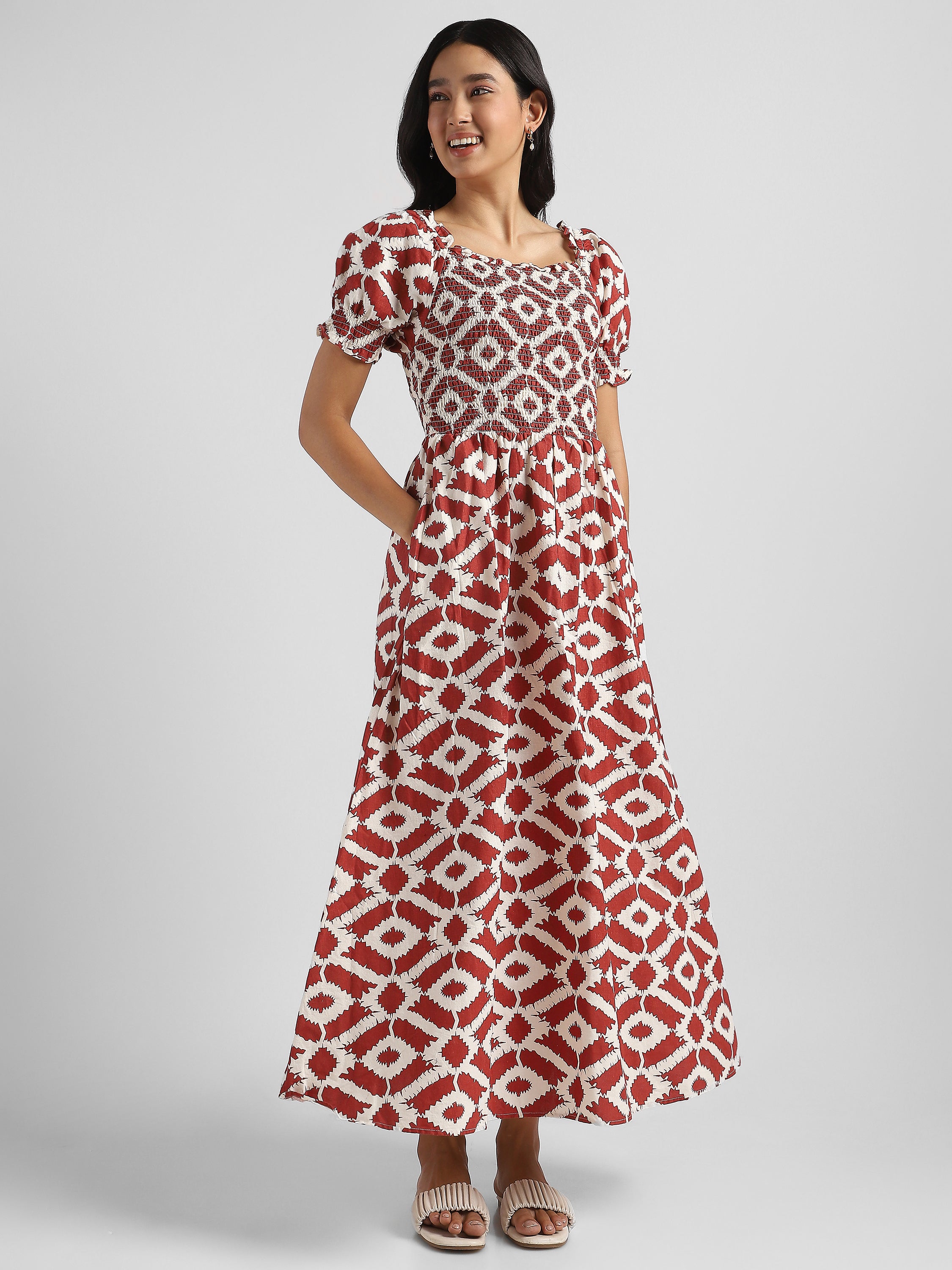 Women Printed Brown Baloon Sleeve Maxi Dress