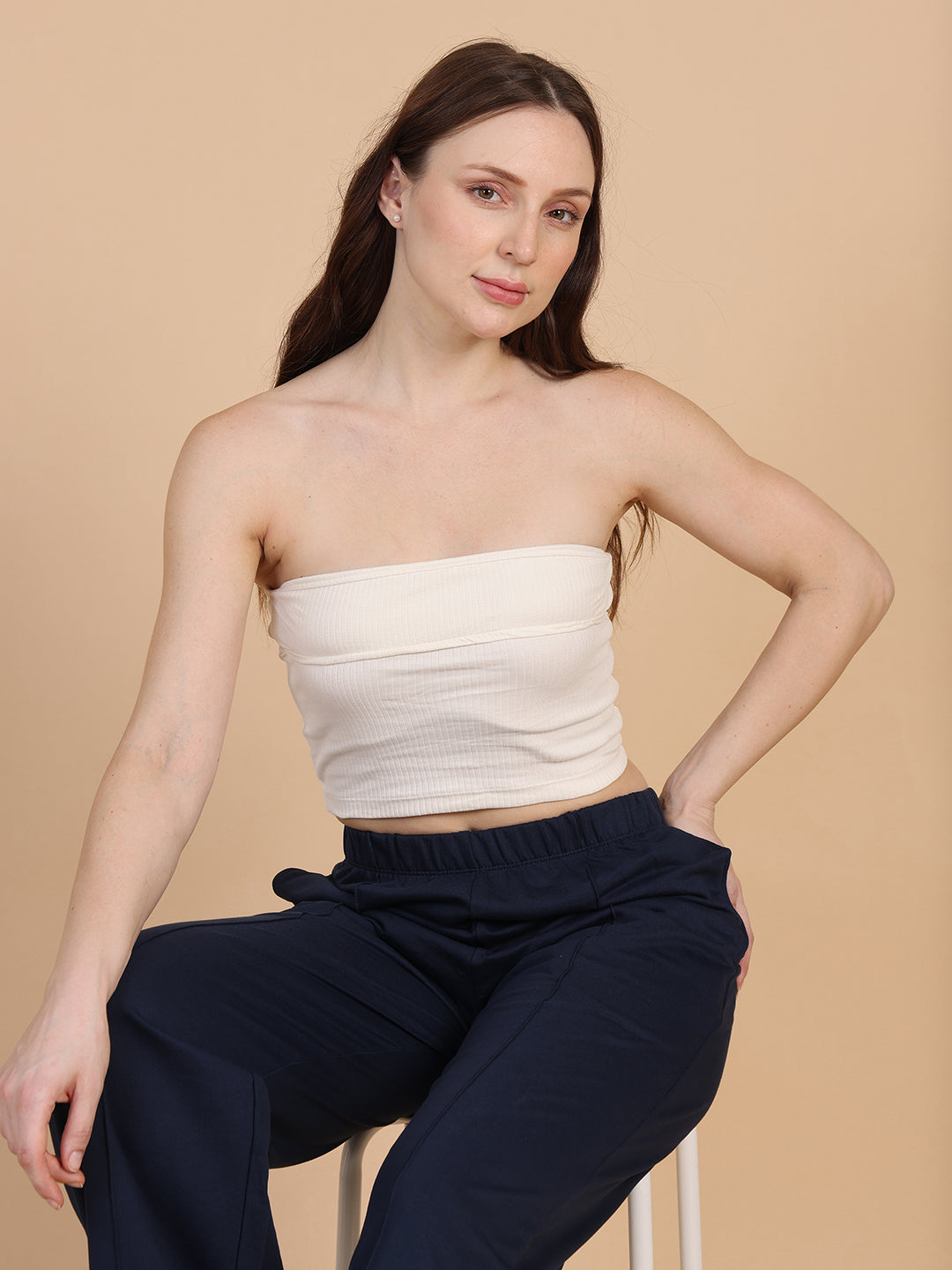 Women Off White Over Fold Tube Top