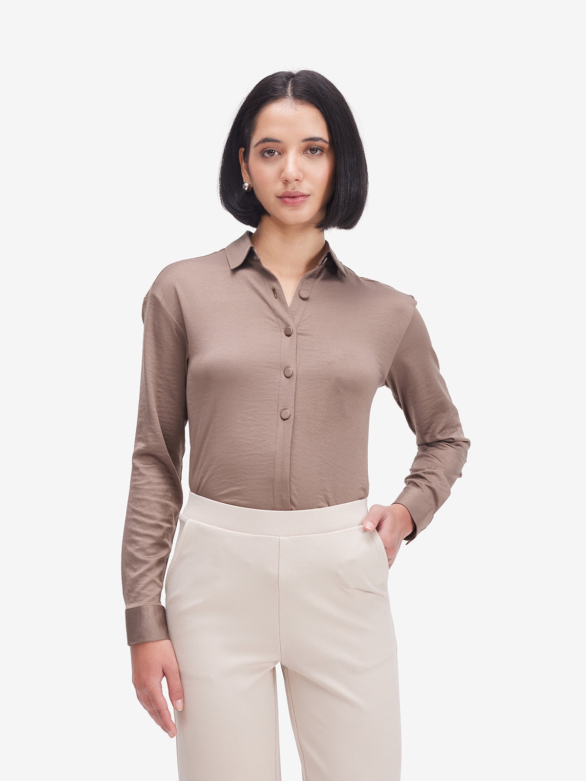 Women Brown Side Knot Detail Shirt