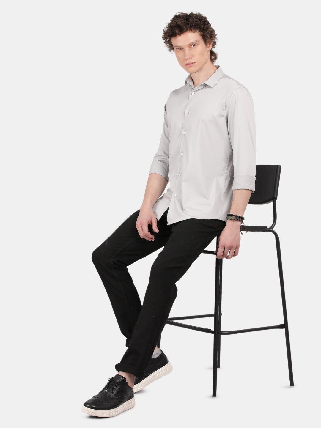 Men Silver Slim Fit Spread Collar Full Sleeve Casual Shirt