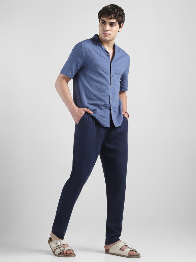 Men Navy Cotton Blend Comfort Fit Pants