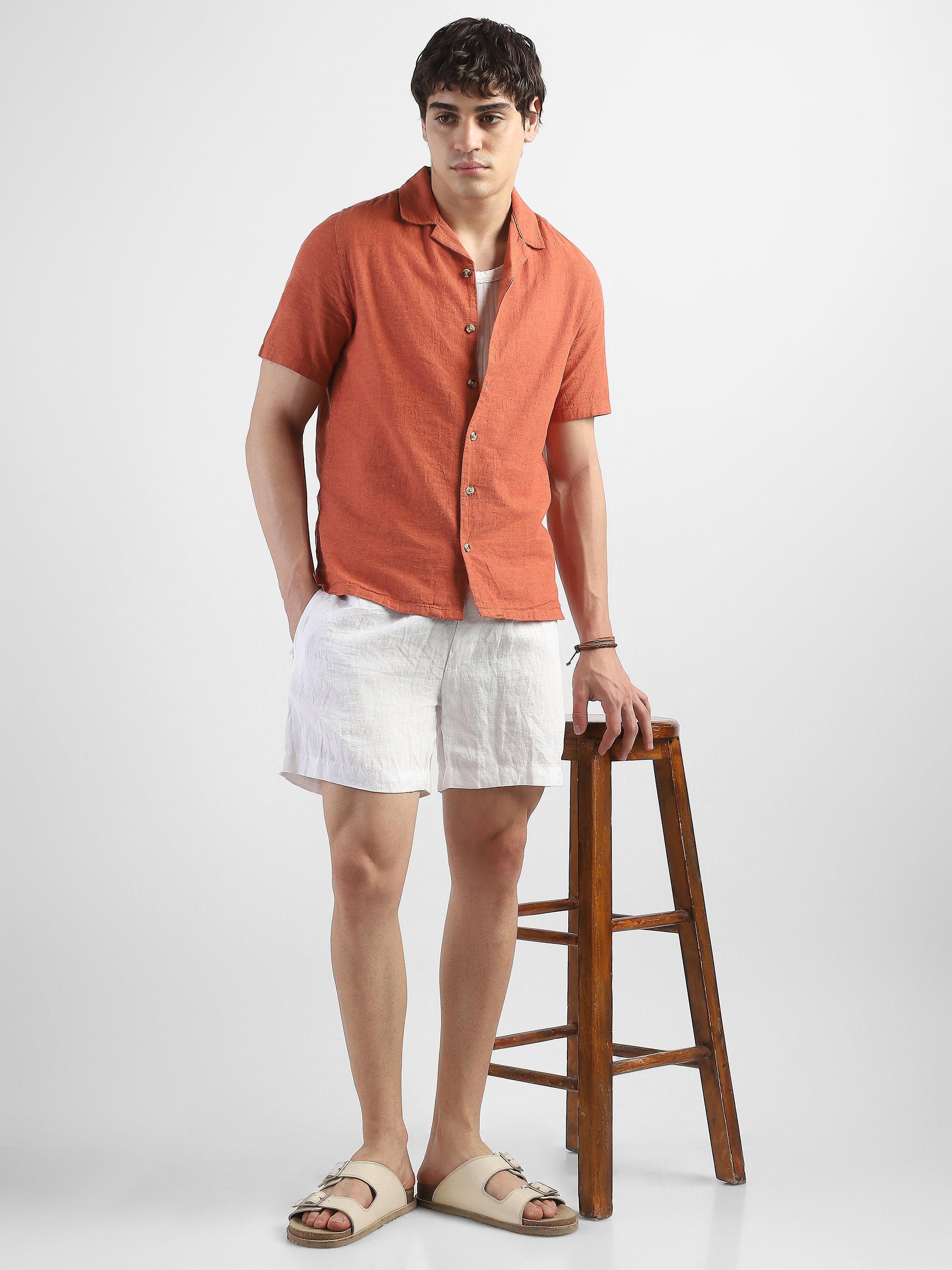Men White Linen Blend Shorts