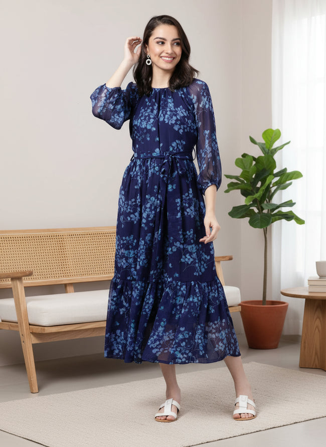 Women Bloom Navy Chiffon Dress