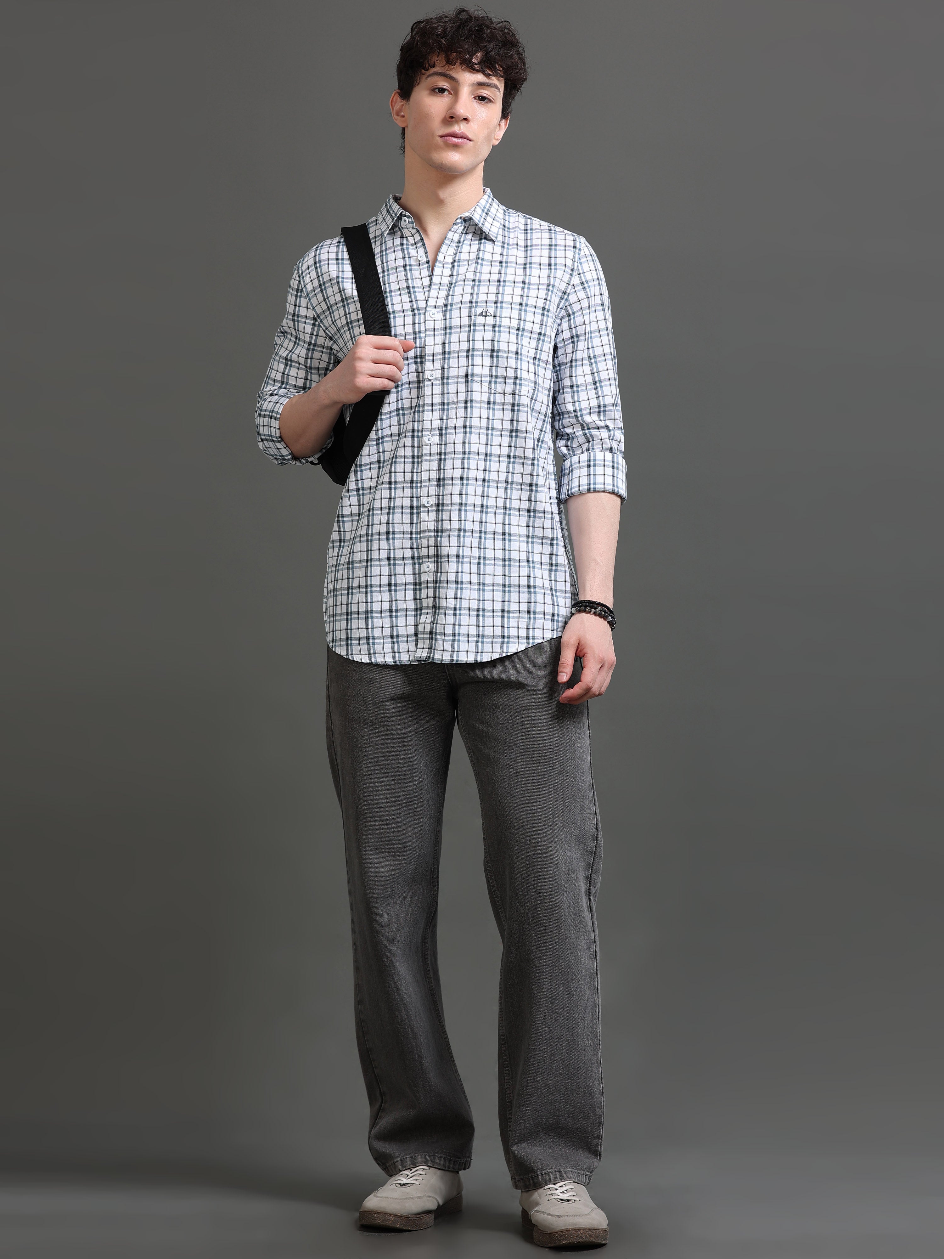 Men White Checked Shirt