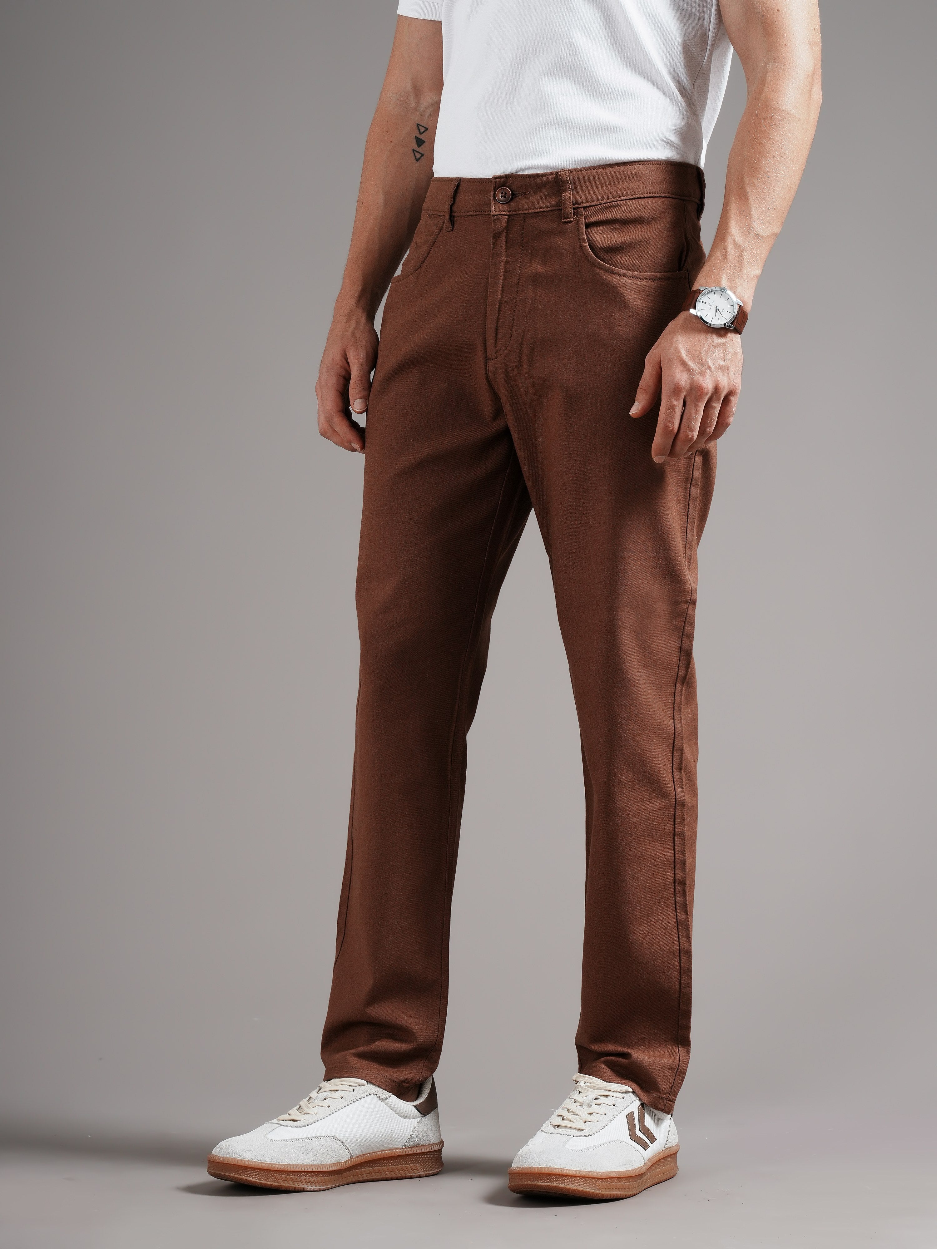 Men Brown Tailored Fit Trousers