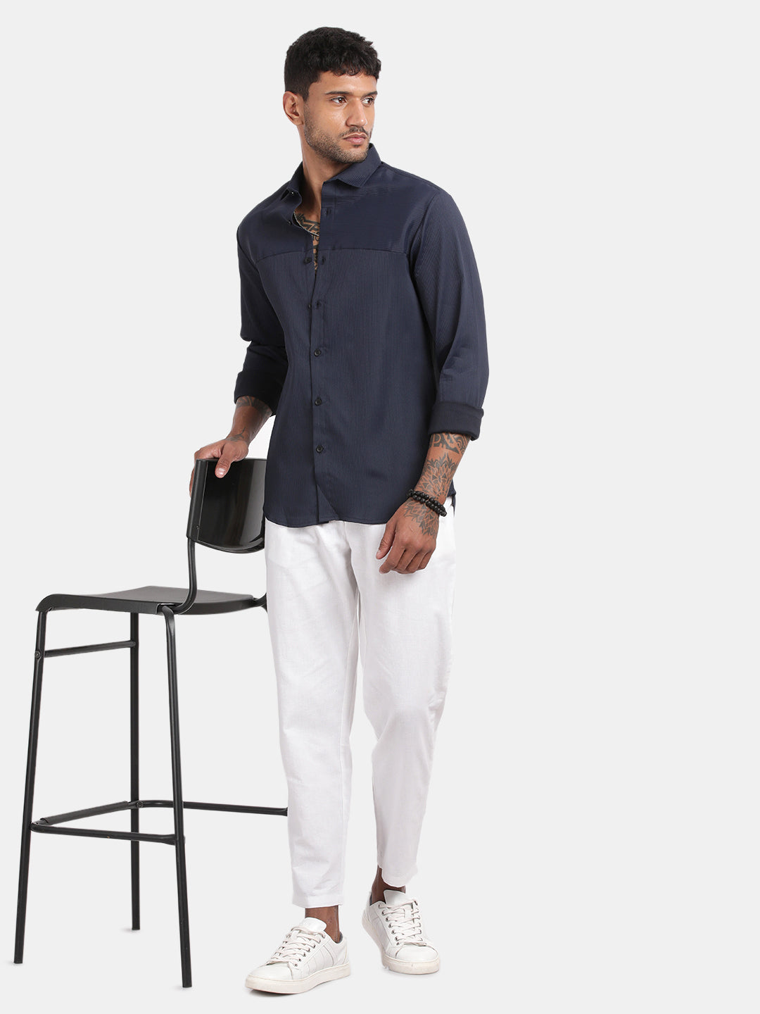 Men Navy Slim Fit Spread Collar Full Sleeve Casual Shirt