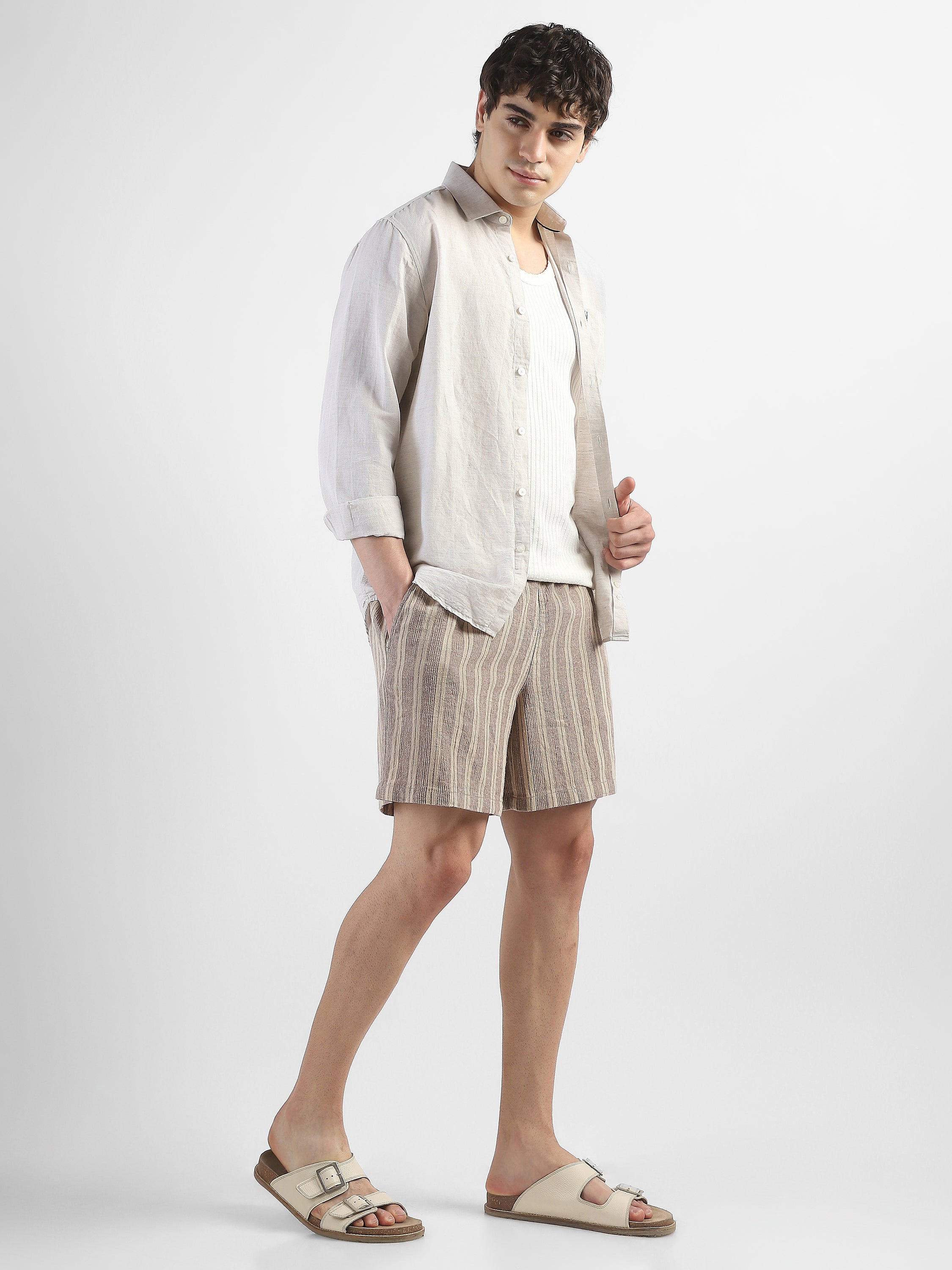 Men Beige Vertical Stripe Shorts