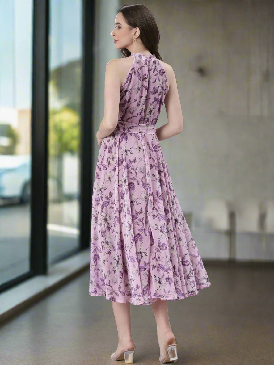 Women Lavender Floral Chiffon Dress