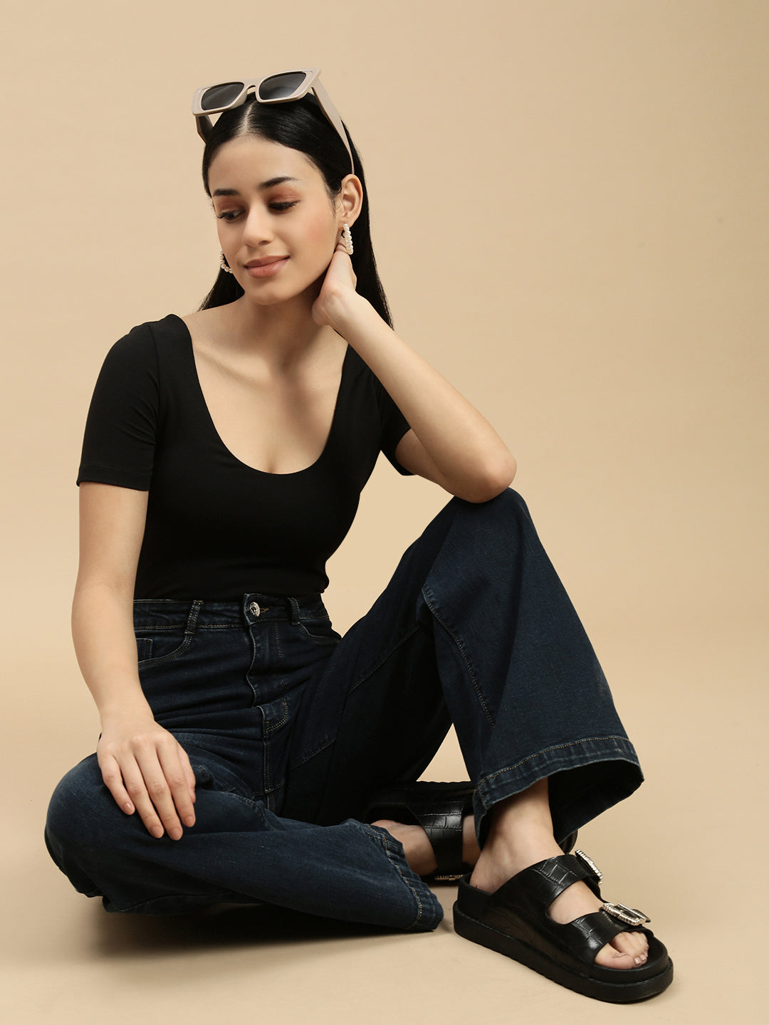 Women Black Half Sleeve Crop Top