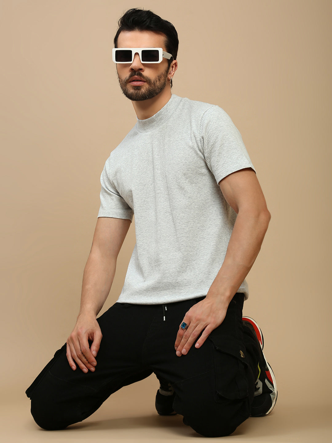 Men Grey High Neck Tee