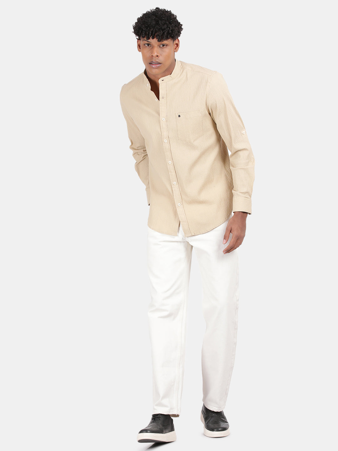 Men Cream Slim Fit Mandarin Collar Full Sleeve Casual Shirt