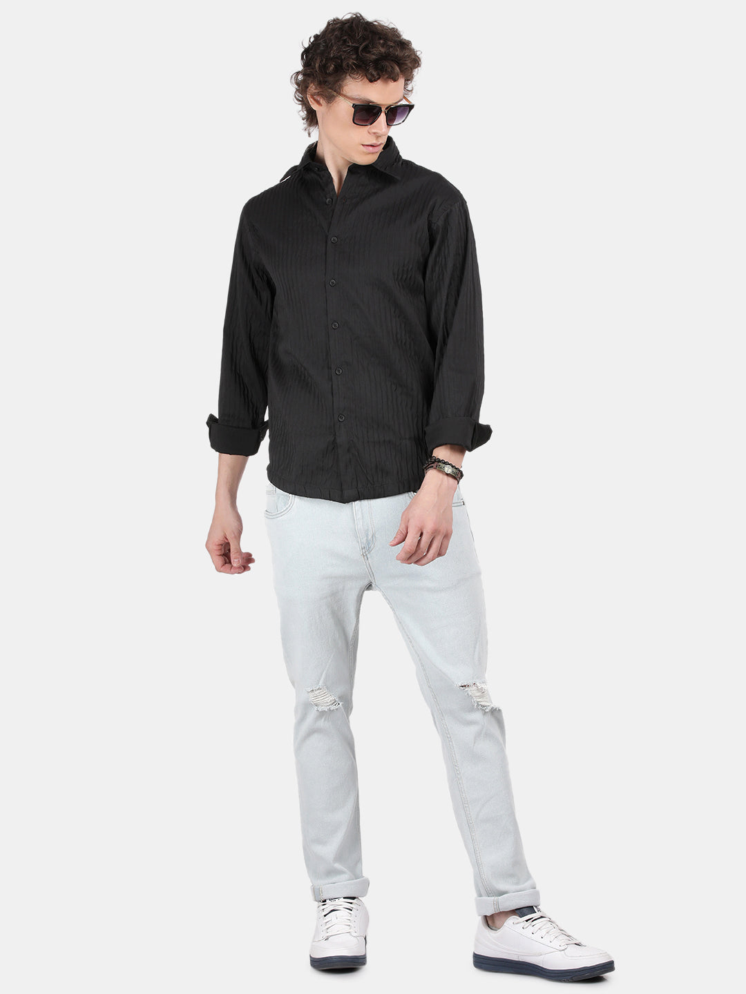 Men Black Slim Fit Spread Collar Full Sleeve Casual Shirt