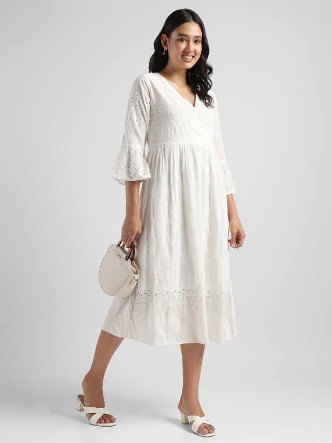 Women White Shiffli Embroidered Midi Dress
