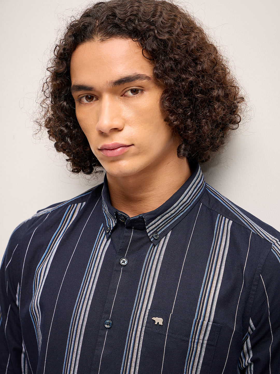 Men Blue Stripe Slim Fit Casual Shirt