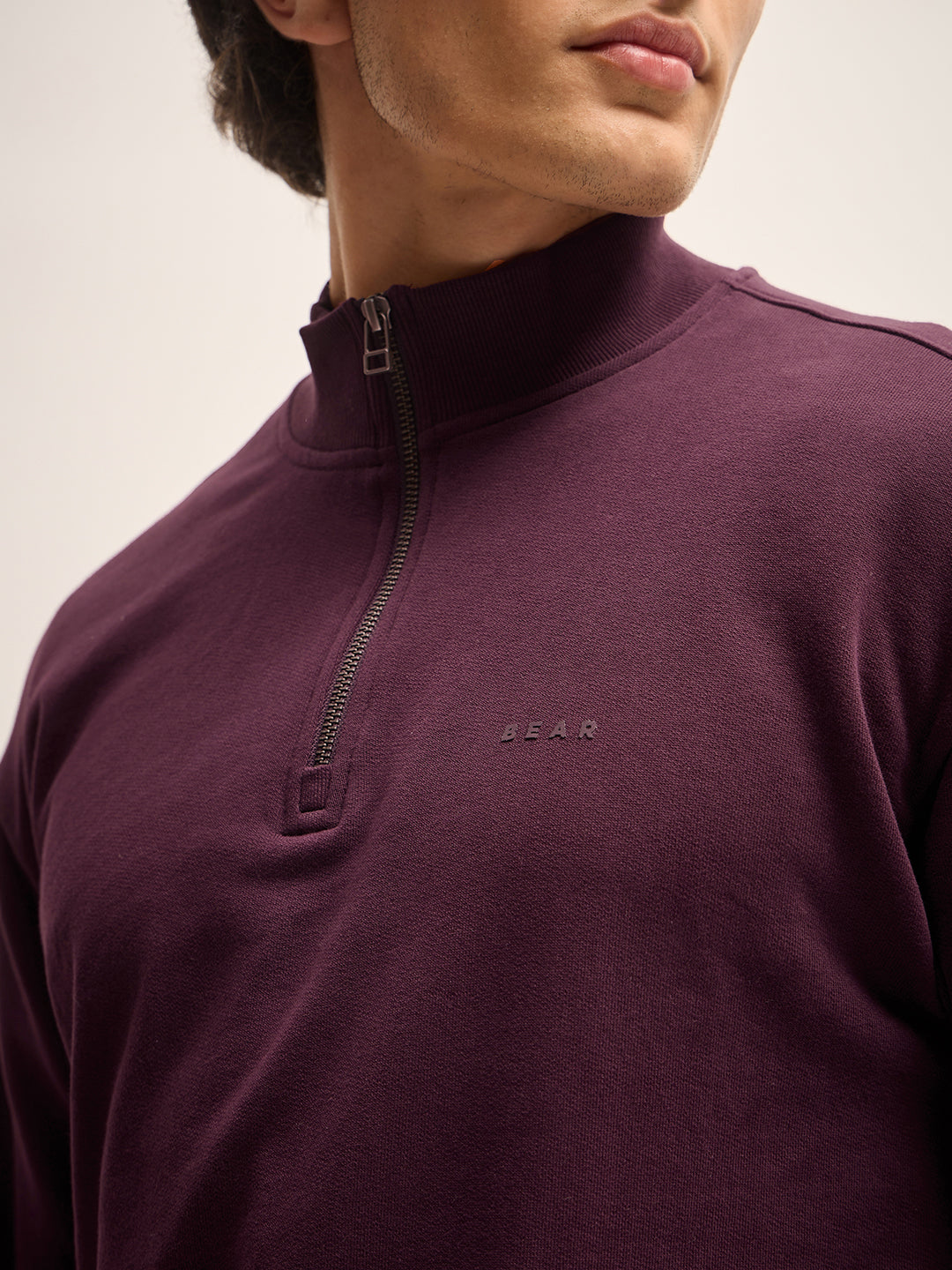 Men Plum Solid Relax Fit High Neck Sweatshirt
