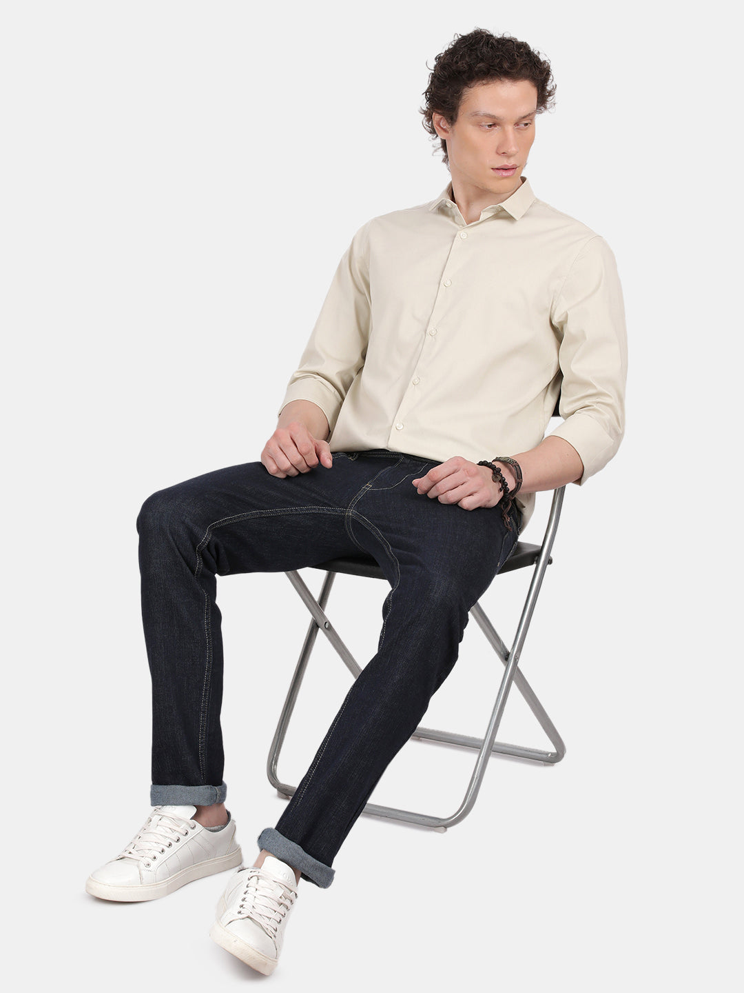 Men Cream Slim Fit Spread Collar Full Sleeve Casual Shirt