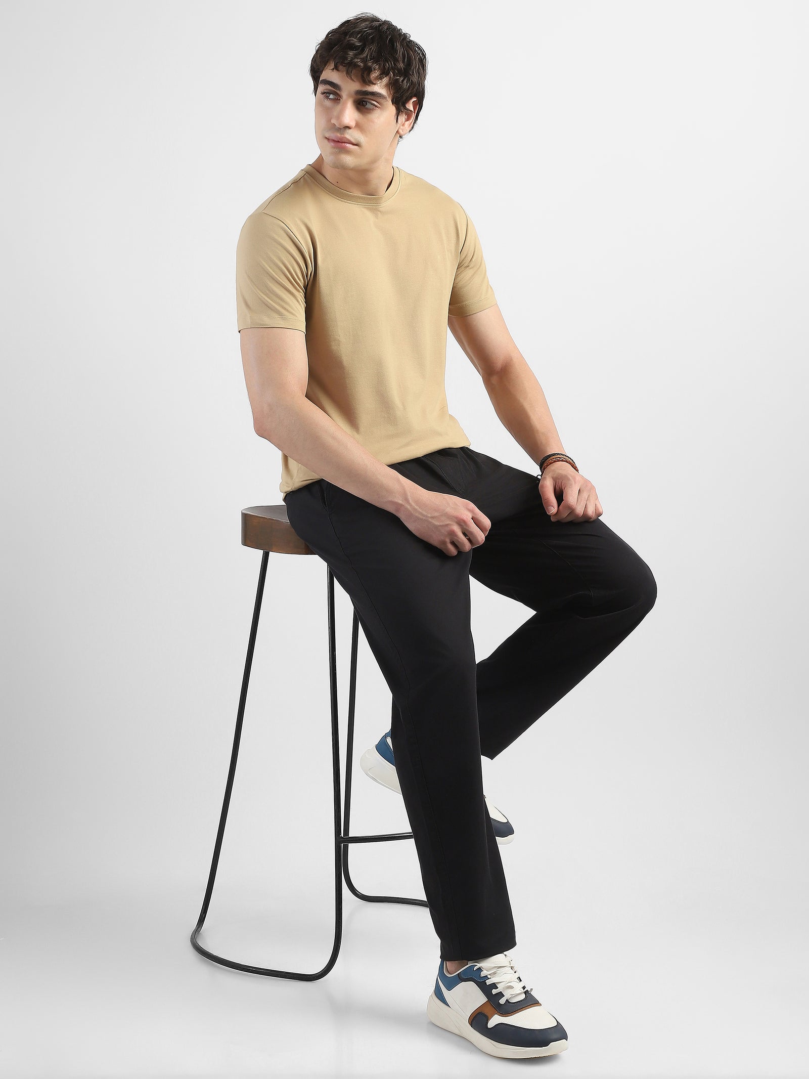 Men Black Cotton Blend Mid-Rise Pants