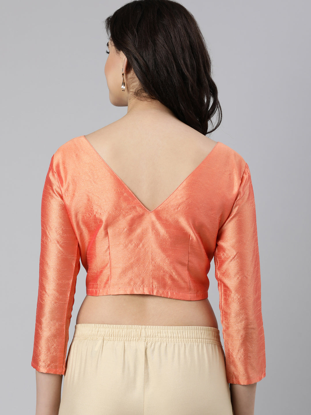 Peach Solid Three-Quarter Sleeves V-Neck Dupion Silk Knot Blouse