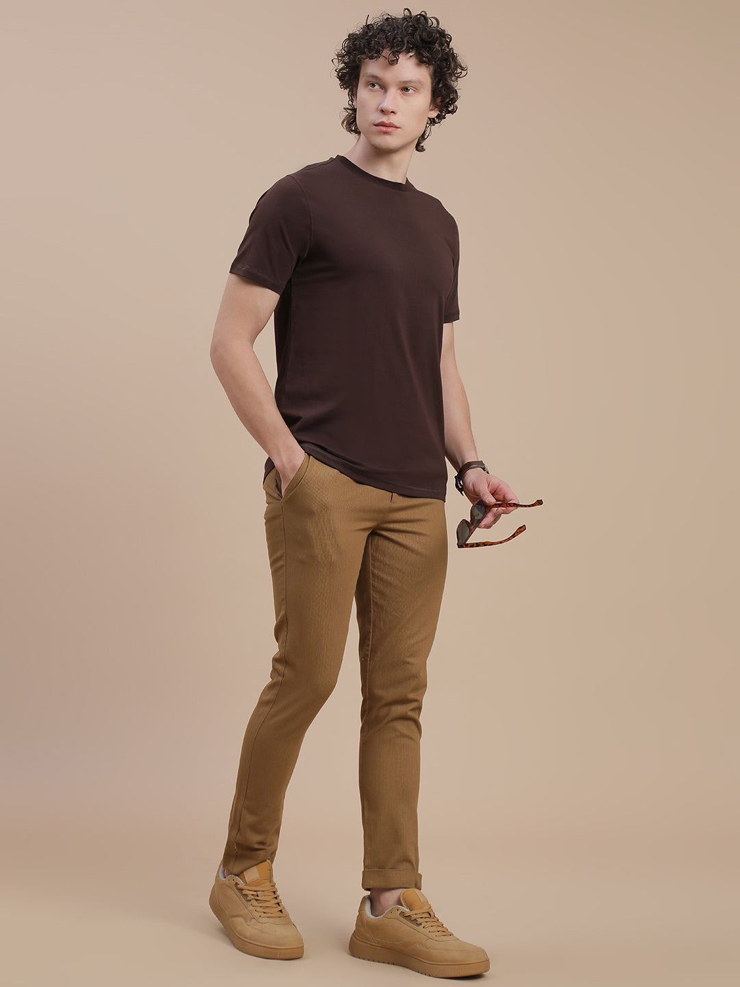 Men Brown Basic Crew Neck T-Shirt