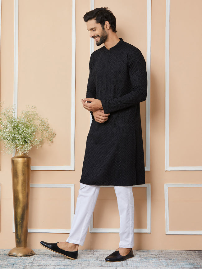 Men Black Embroidered Chikankari Rayon Straight Kurta