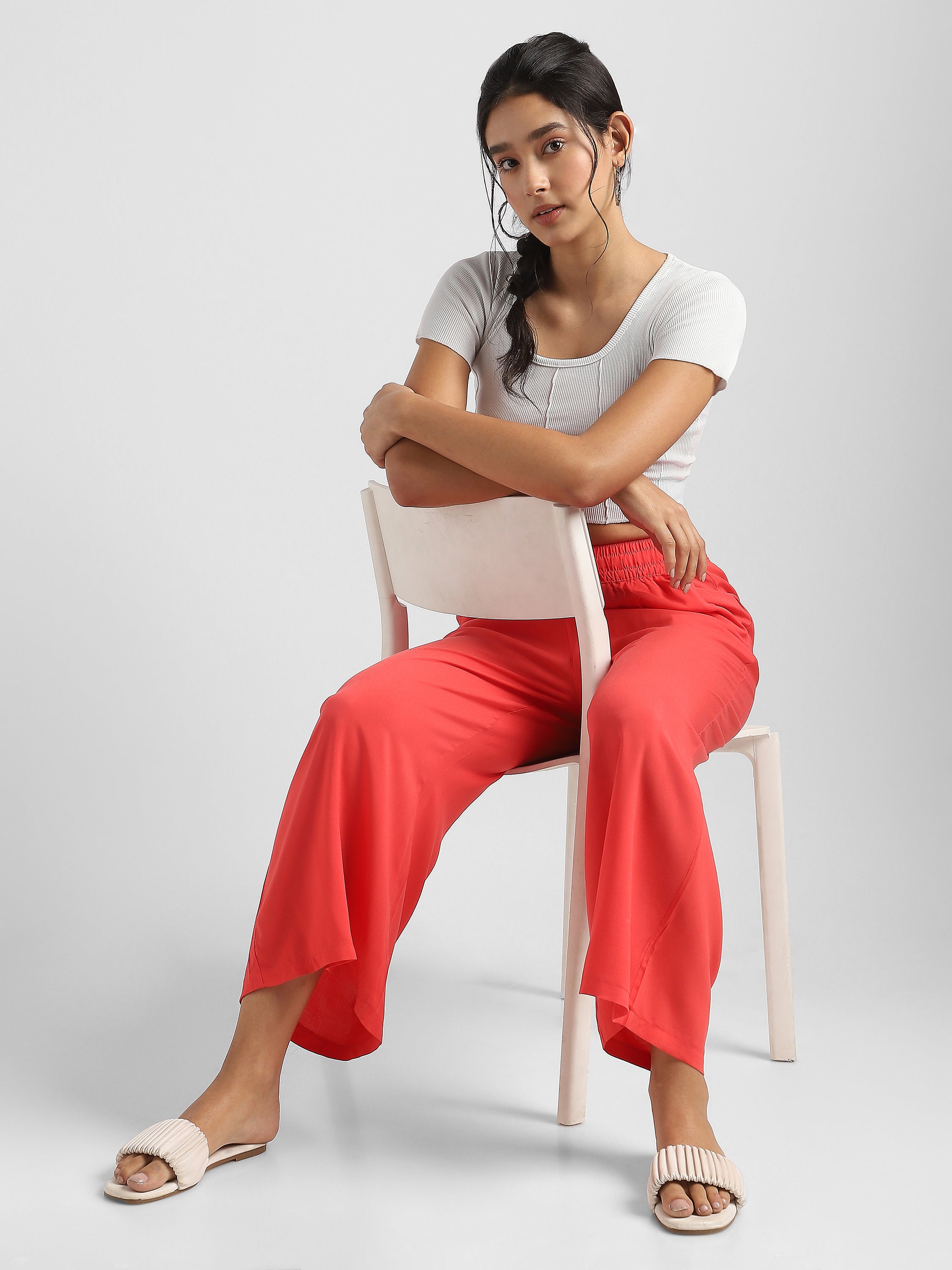 Women Red Flowy Wide-Leg Pants with Drawstring