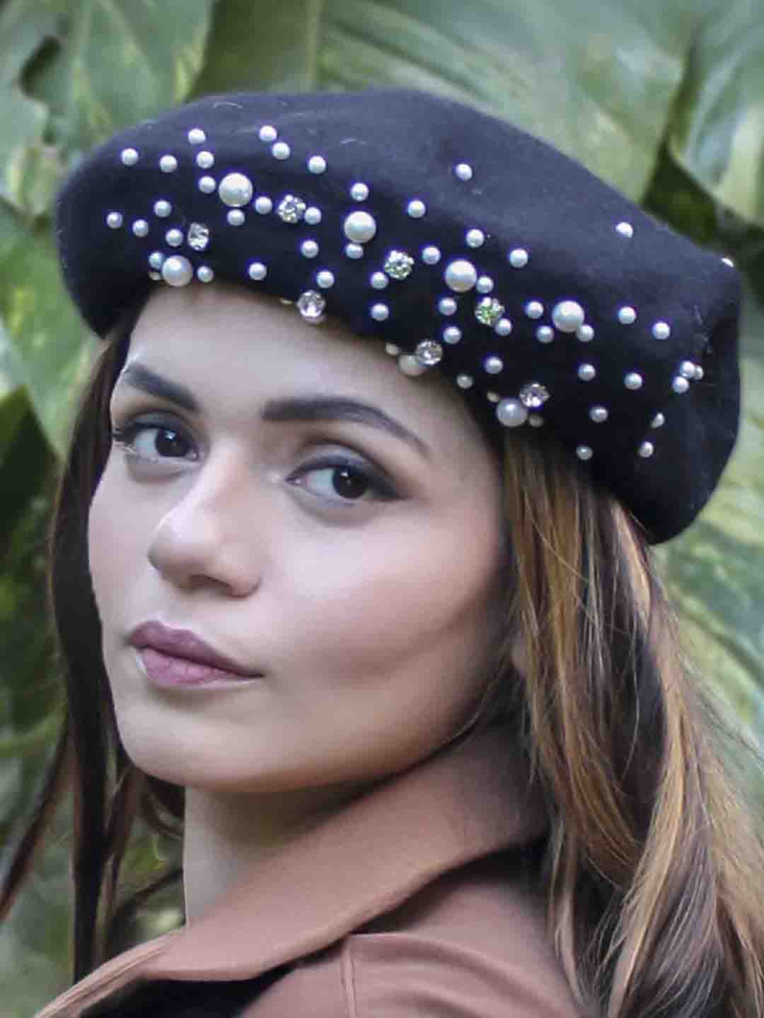 Black Beret with Pearls & Crystals