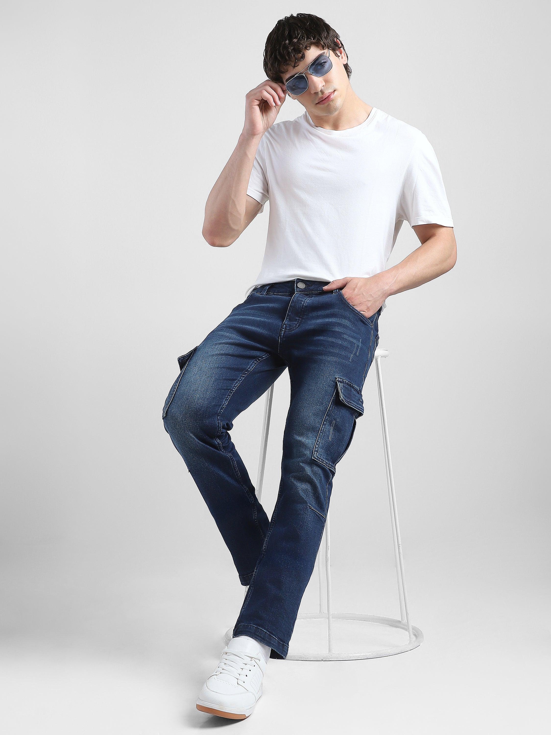 Men Navy Denim Mid Rise Cargo Pants