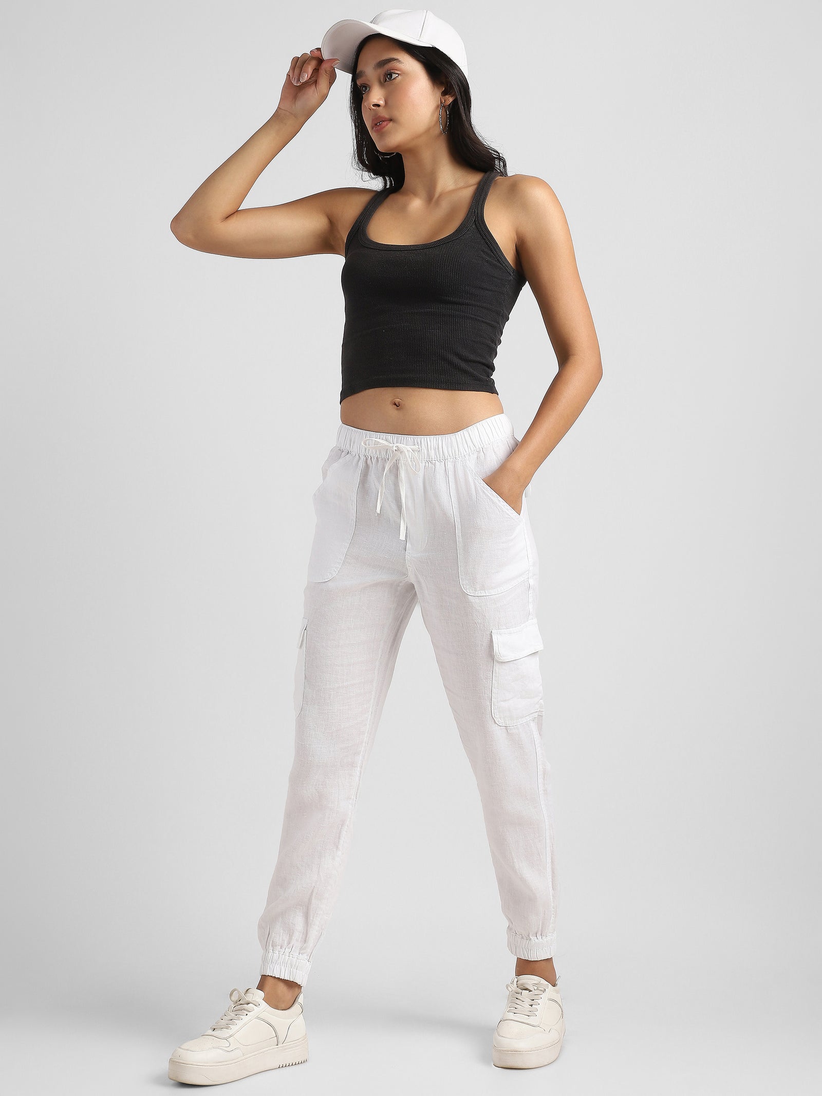 Women White Linen Blend Cargo Jogger Pants