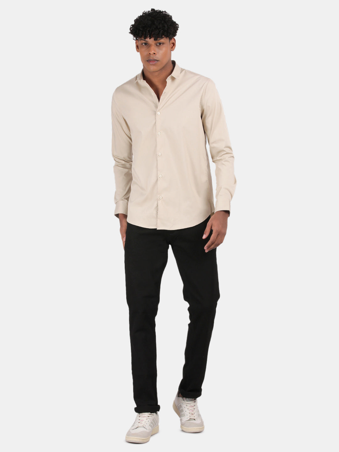Men Cream Slim Fit Spread Collar Full Sleeve Casual Shirt