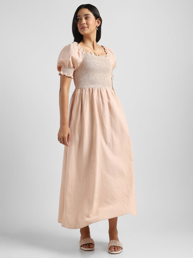 Women Solid Peach Baloon Sleeve Maxi Dress