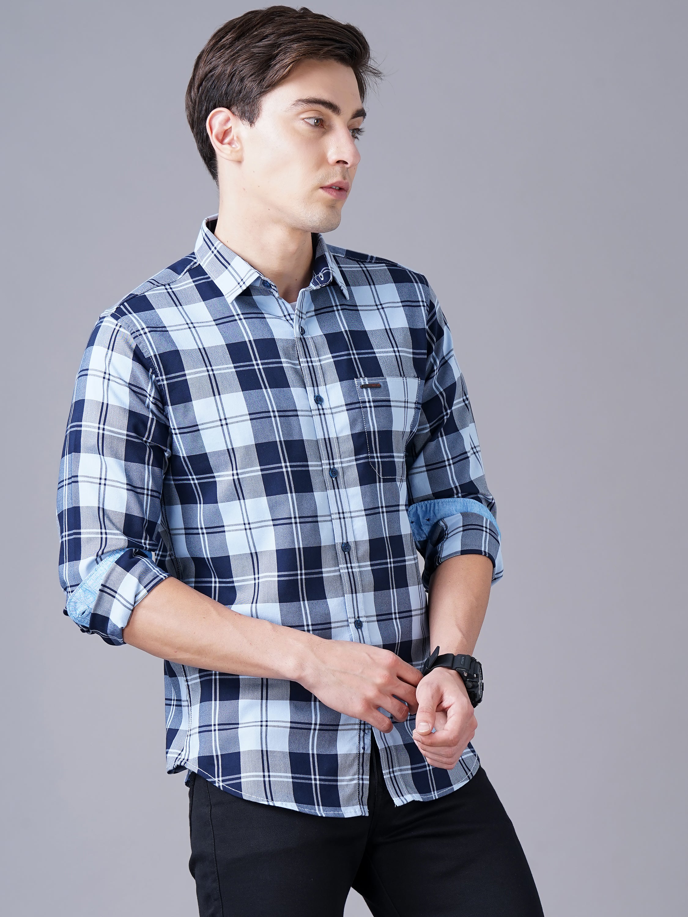 Men Blue Cotton Slim Shirt