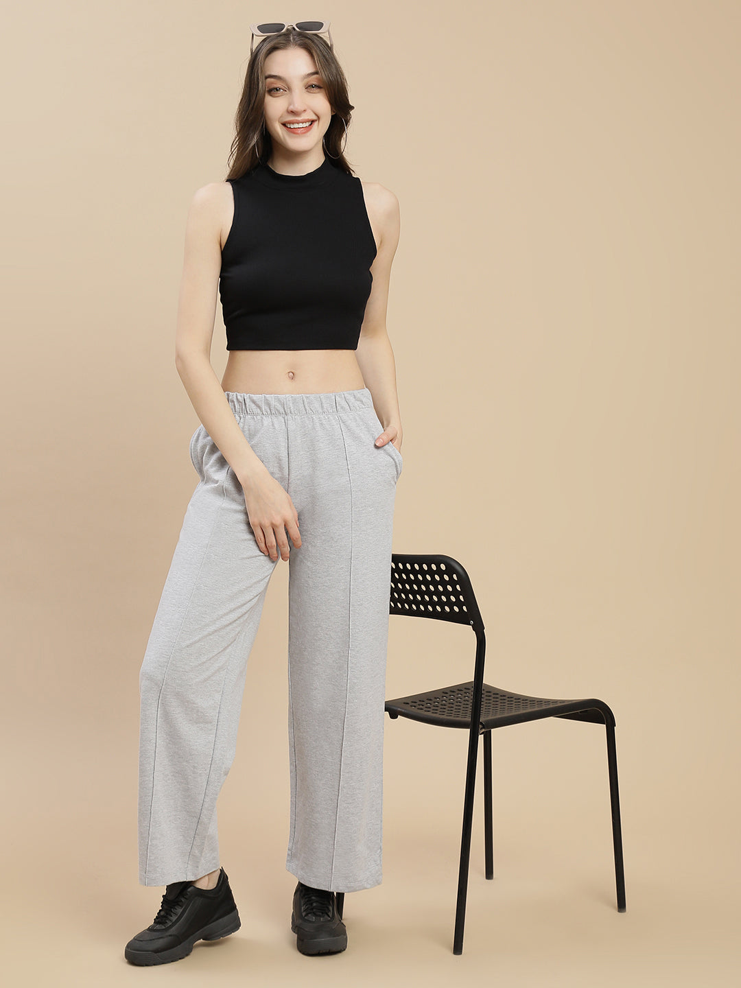 Women Grey Pleated Flare Straight Pant
